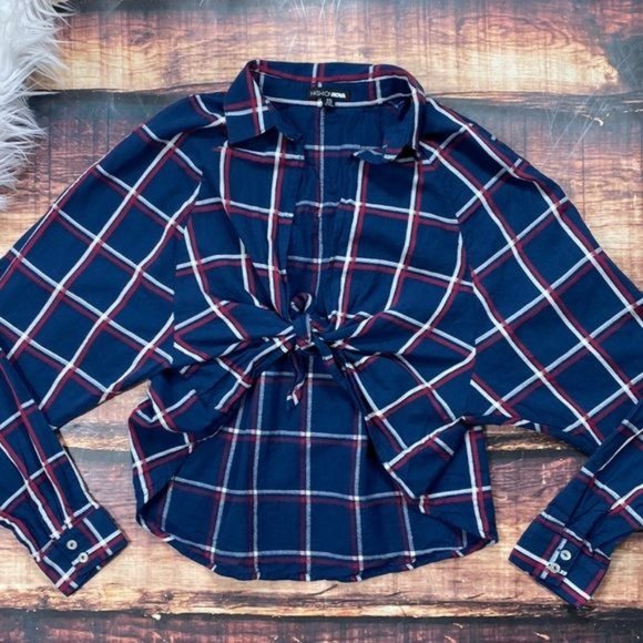 RELISTED Fashion Nova Plaid Striped Wrap Front Shirt - Picture 2 of 7